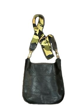 Black Leather Shoulder Bag with Green Camo Strap
